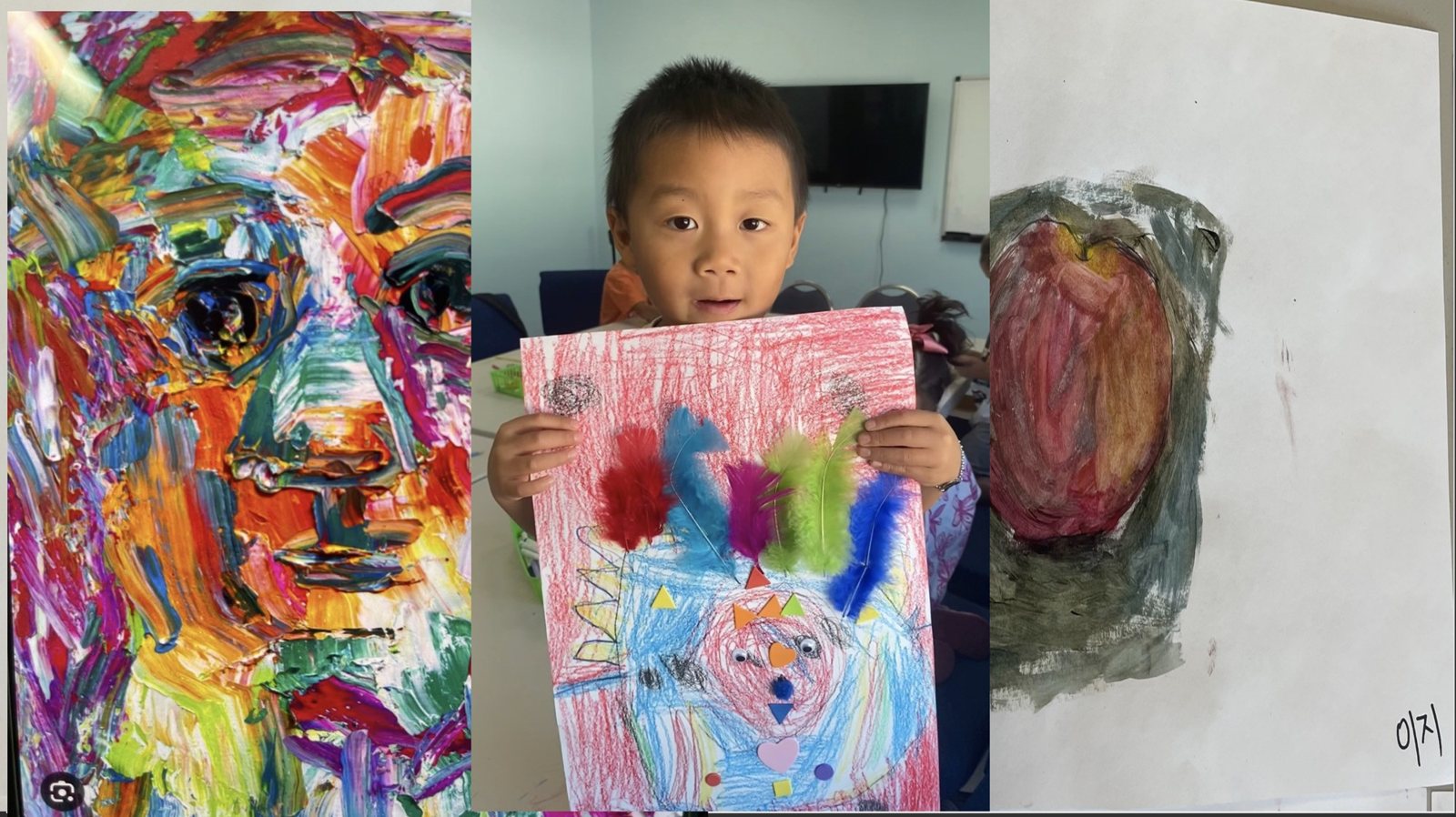 A child holds up a finished painting