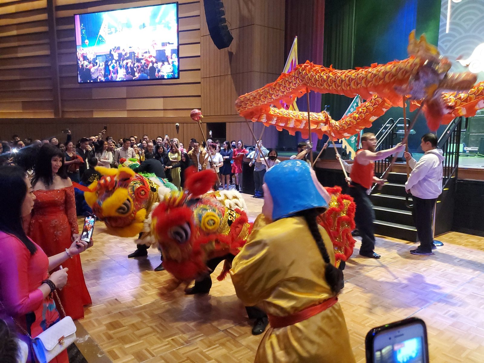 A lion dance performance in the hall