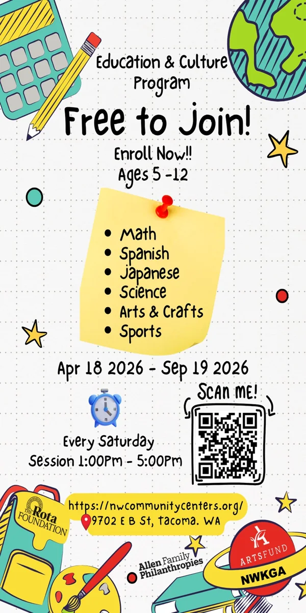 2026 Education and Culture Program flyer: Free to join, ages 5 to 12. April 18 to September 19, 2026, every Saturday 1 to 5 pm