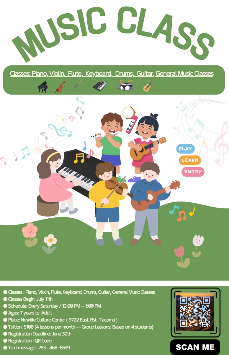 2026 Music Class flyer: piano, violin, flute, keyboard, drums, guitar and general music classes