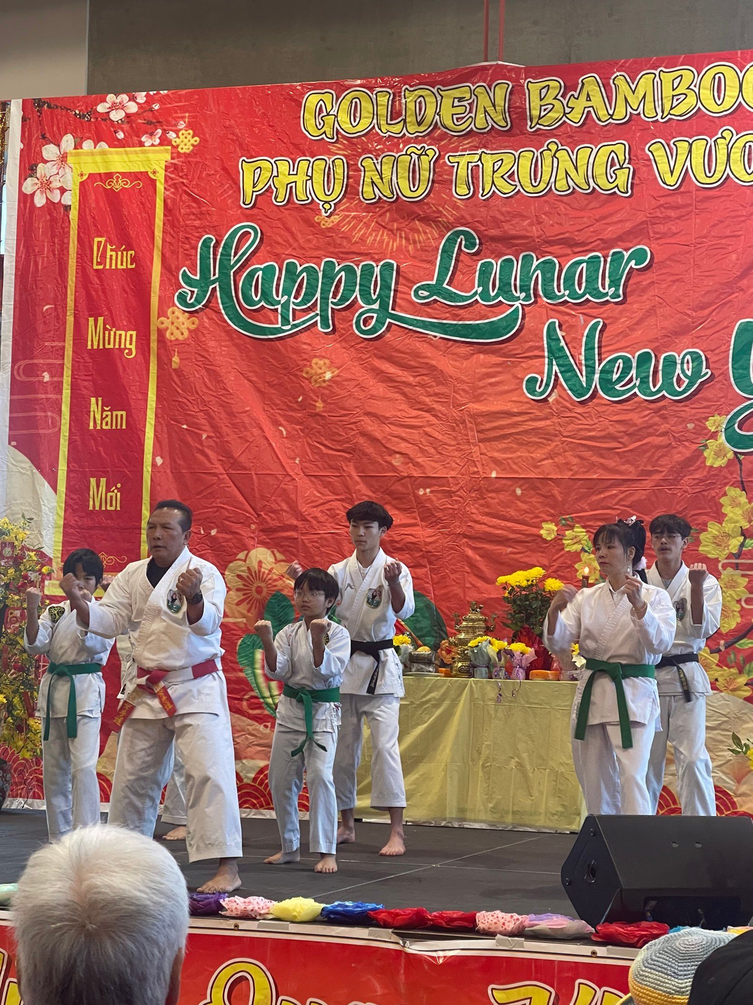 Taekwondo students pose on the Lunar New Year stage